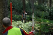 zwei Männer peilen eine Gerade im Wald ein.