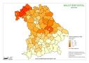 Karte der Schwarzwildstrecke 2015/16 mit eingefärbten Landkreisen. Je dunkler die Farbe, umso höher der Abschuss. (© LfL)