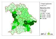 Bayernkarte des Maisanbaus 2014 in Hektar. Je dunkler die gefärbte Fläche, umso höher der absolute Maisanbau in Hektar.