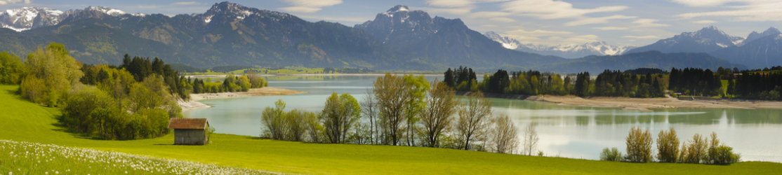 strukturreiche Voralpenlandschaft mit Wiesen, Feldern, Wäldern und einem See