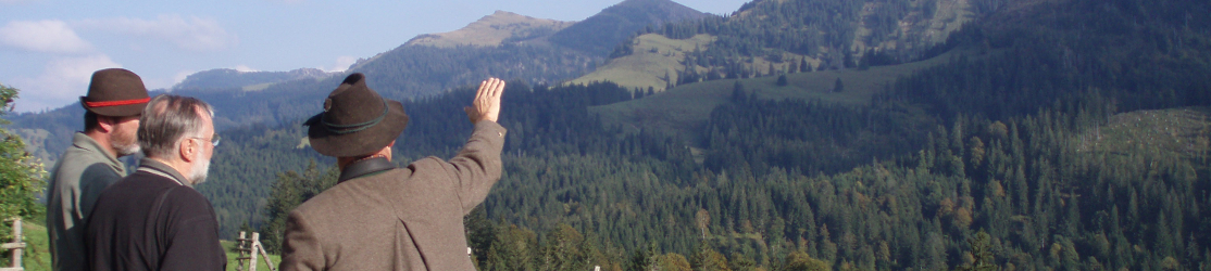 drei Menschen stehen vor einer Alpenkulisse.