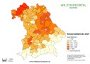 Karte der Schwarzwildstrecke 2019/20 mit eingefärbten Landkreisen. Je dunkler die Farbe, umso höher der Abschuss. (© LfL)