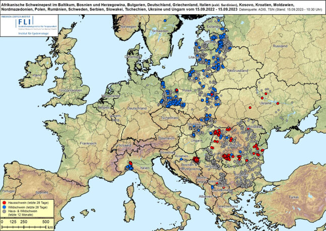 Ausbruchskarte der Afrikanischen Schweinepest vom 15.09.2023. (© FLI)