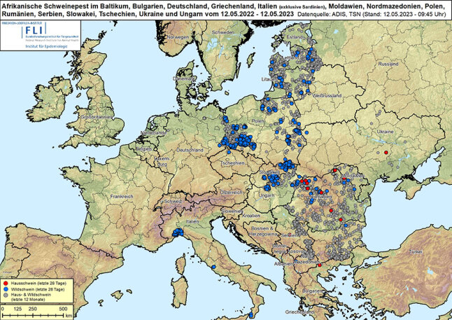 Ausbruchskarte der Afrikanischen Schweinepest vom 12.05.2023. (© FLI)