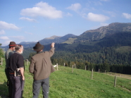 drei Männer schauen auf Voralpenlandschaft