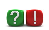 ein grüner Würfel mit einem weißen Fragezeichen und eine roter Würfel mit einem weißen Ausrufezeichen